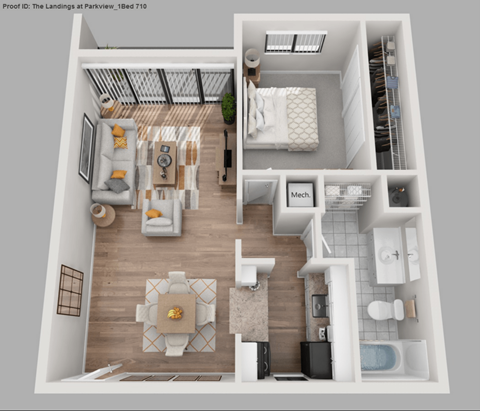 a 3d floor plan of a bedroom with a bathroom and a living room